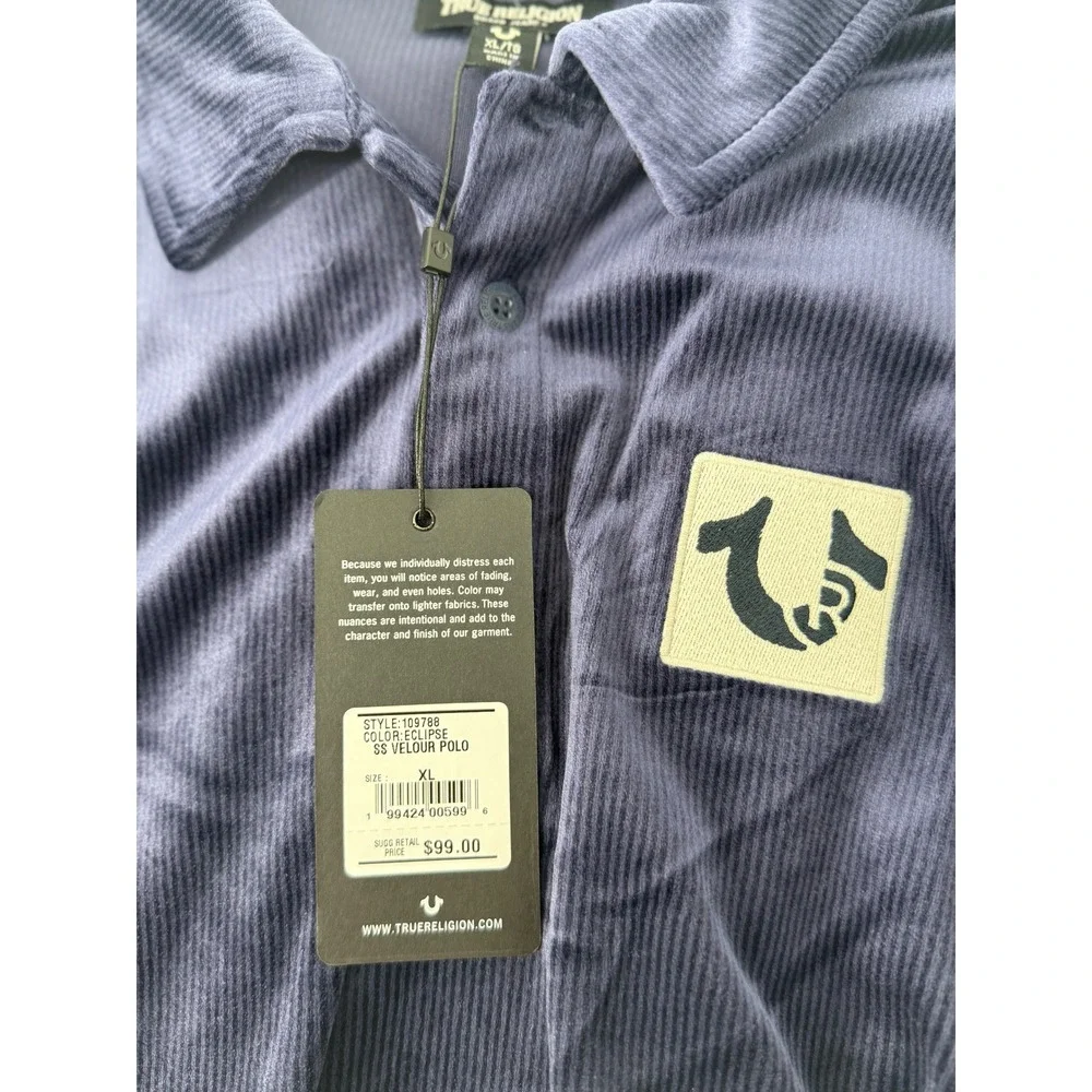 NWT True Religion Velour Polo Shirt Mens XL Eclipse Blue Short Sleeve Logo Patch - Picture 3 of 6